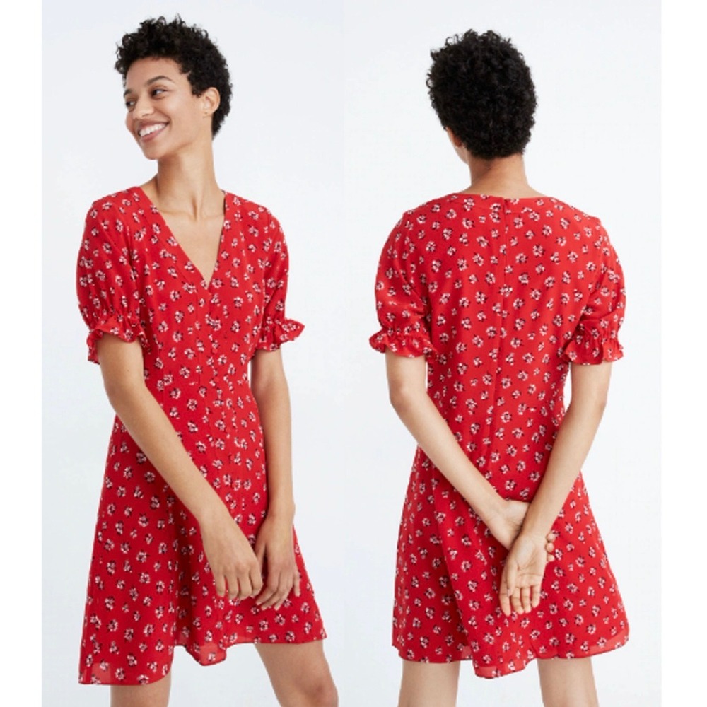 Madewell V-Neck Silk Floral Mini Dress Size 4 Red Cottagecore Ruffle Sleeve